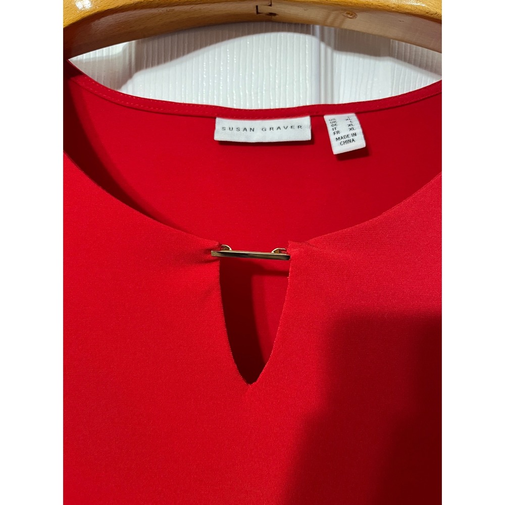 Susan Graver Liquid Knit Red Keyhole Neck Short Sleeve Tunic Top Womens Size L - Picture 3 of 5